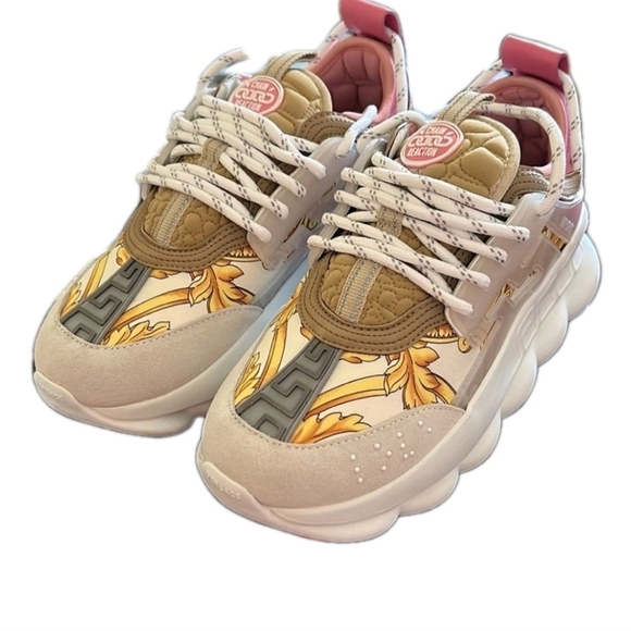 Versace Gold Hibiscus Baroque Print Pink Chain Reaction Trainers EU 37 US Wmns 7 - Picture 1 of 9